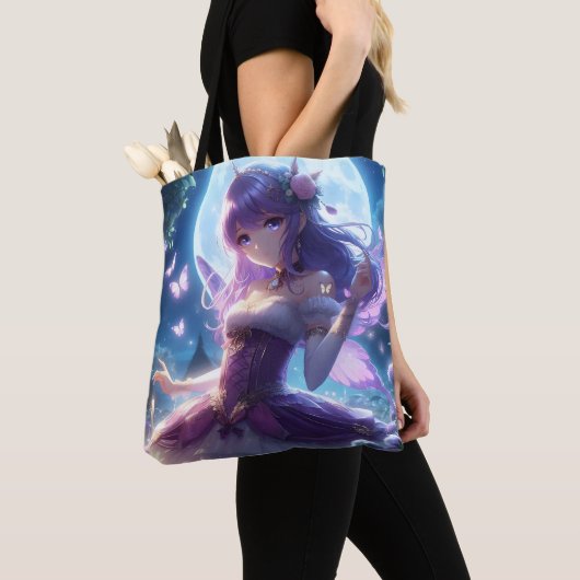 Anime Girl Violet Butterfly Wing Moon Fairy Tote Bag (Dichtbij)