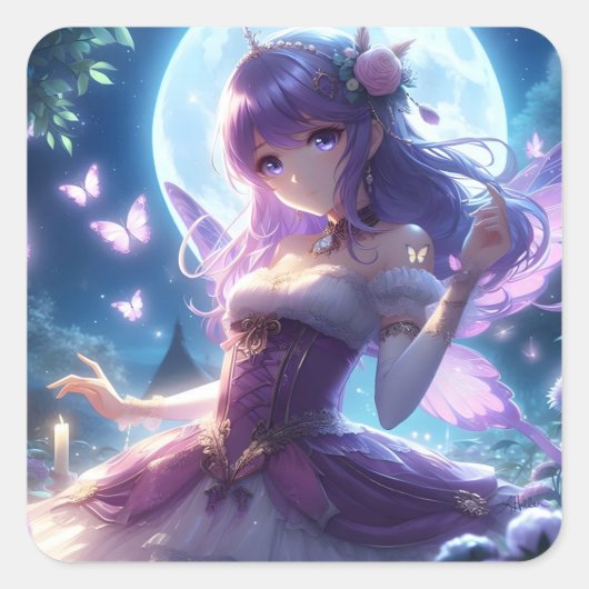 Anime Girl Violet Butterfly Wing Moon Fairy Vierkante Sticker (Voorkant)