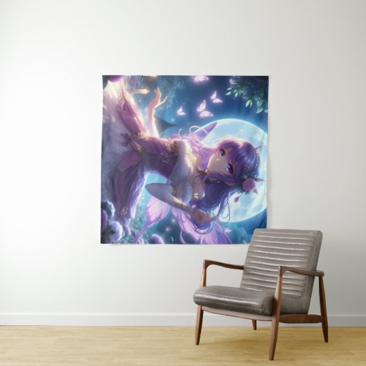 Anime Girl Violet Butterfly Wing Moon Fairy Wandkleed (In Situ (horizontaal))