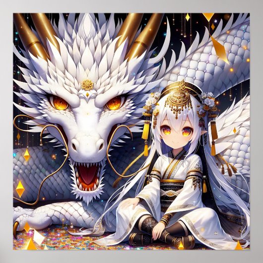 Anime Girl Warrior en Dragon Ai Art Poster (Voorkant)