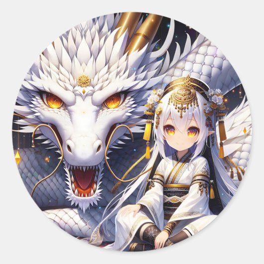 Anime Girl Warrior en Dragon Ai Art Ronde Sticker (Voorkant)