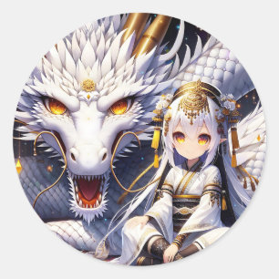 Anime Girl Warrior en Dragon Ai Art Ronde Sticker