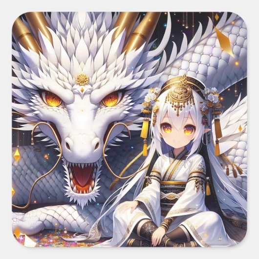 Anime Girl Warrior en Dragon Ai Art Vierkante Sticker (Voorkant)