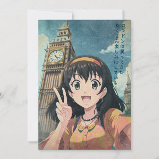 Anime Girl with Big Ben, London - Retro Kawaii Art Bedankkaart