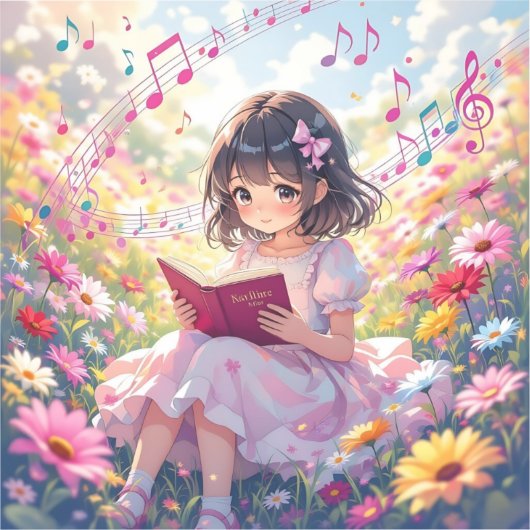 Anime Girl with Book and Musical Notes Sticker (Voorkant)