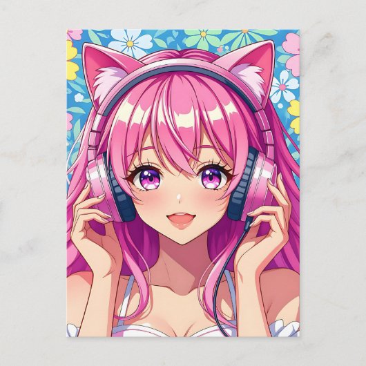 Anime Girl with Headphones | Saying Hi Briefkaart (Voorkant)