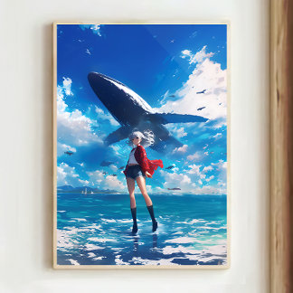 Anime Girl with Heterochromia and Flying Whale Poster