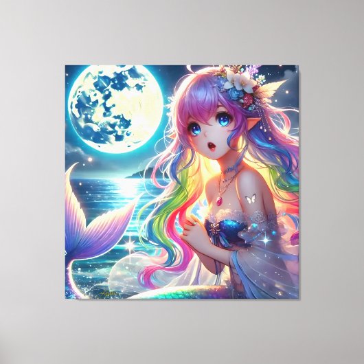 Anime Girl Zingende Maanlicht Pixie Regenboog Zeem Canvas Afdruk (Voorkant)