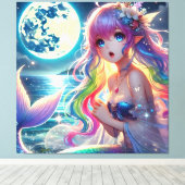 Anime Girl Zingende Maanlicht Pixie Regenboog Zeem Canvas Afdruk (Insitu (Houten vloer))
