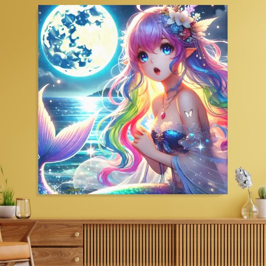 Anime Girl Zingende Maanlicht Pixie Regenboog Zeem Canvas Afdruk (Insitu (Woonkamer))