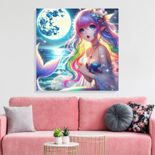 Anime Girl Zingende Maanlicht Pixie Regenboog Zeem Canvas Afdruk