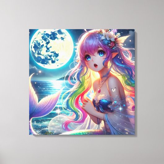 Anime Girl Zingende Maanlicht Pixie Regenboog Zeem Canvas Afdruk (Voorkant)