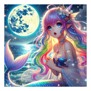 Anime Girl Zingende Maanlicht Pixie Regenboog Zeem Foto Afdruk