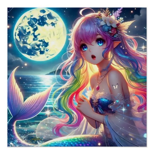 Anime Girl Zingende Maanlicht Pixie Regenboog Zeem Perfect Poster (Voorkant)