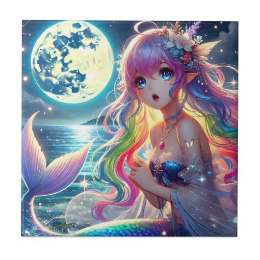 Anime Girl Zingende Maanlicht Pixie Regenboog Zeem Tegeltje (Voorkant)