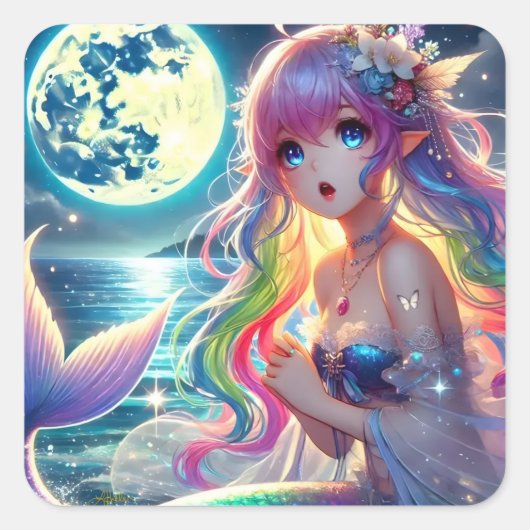 Anime Girl Zingende Maanlicht Pixie Regenboog Zeem Vierkante Sticker (Voorkant)