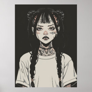 Anime Gothic meisje met Tattoos op zoek naar geïrr Poster