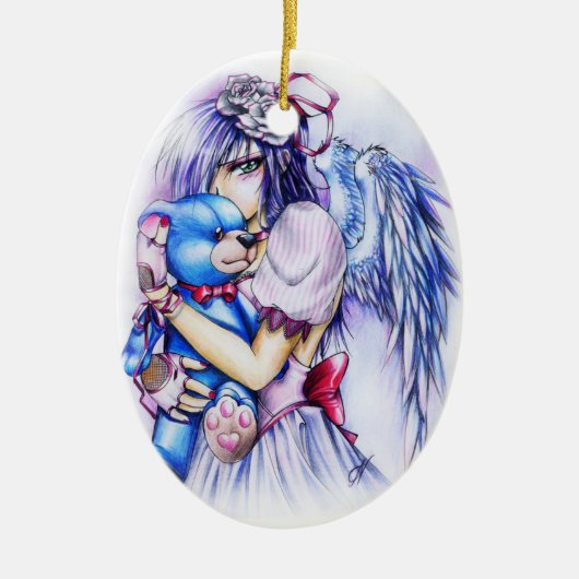 Anime Gothic Pink Angel Girl met Teddy Keramisch Ornament (Voorkant)