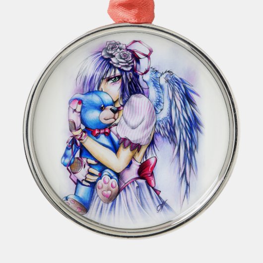 Anime Gothic Pink Angel Girl met Teddy Metalen Ornament (Voorkant)