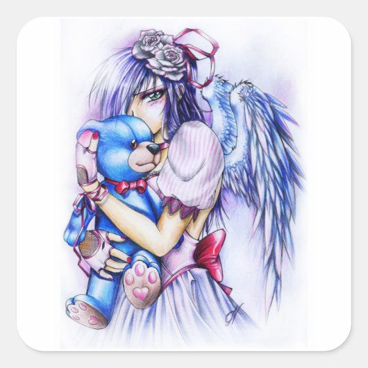 Anime Gothic Pink Angel Girl met Teddy Vierkante Sticker (Voorkant)