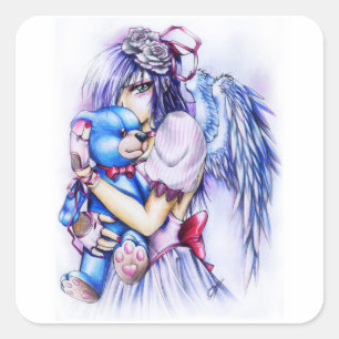 Anime Gothic Pink Angel Girl met Teddy Vierkante Sticker