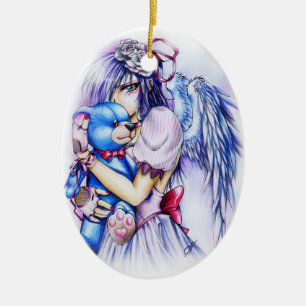 Anime Gotische Roze Engel Meisje Met Teddybeer Keramisch Ornament