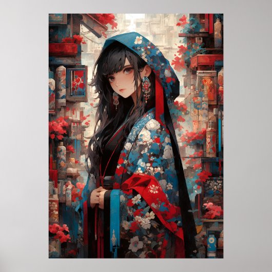 Anime Grace van de Sakura: Elegantie in Kimono Poster (Voorkant)