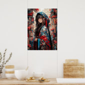 Anime Grace van de Sakura: Elegantie in Kimono Poster (Keuken)