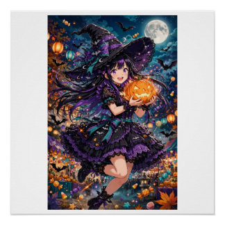 Anime Heksenmeisje Halloween Illustratie Perfect Poster