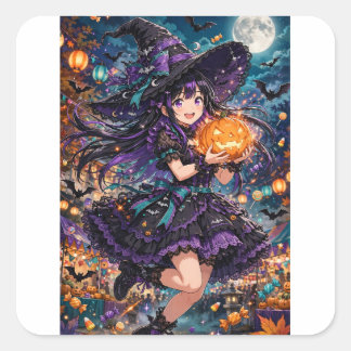 Anime Heksenmeisje Halloween Illustratie Vierkante Sticker