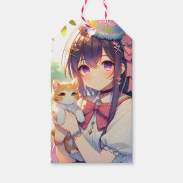  Anime Holding Kitten Meisje Verjaardag Cadeaulabel