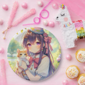  Anime Holding Kitten Meisje Verjaardag Papieren Bordje (Feest)