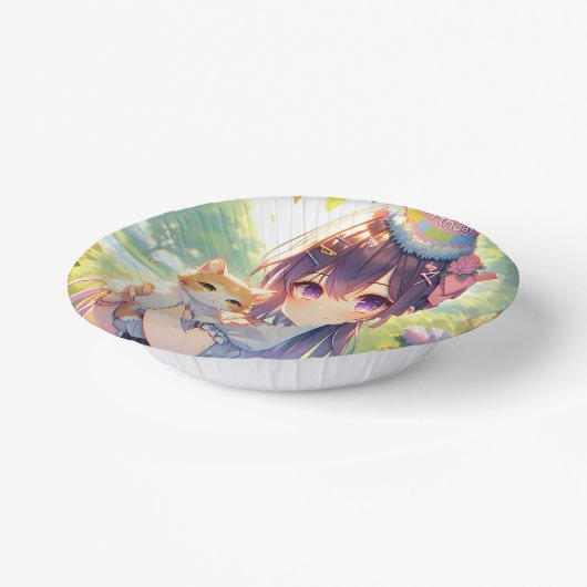  Anime Holding Kitten Meisje Verjaardag Papieren Kommen (Gebogen)