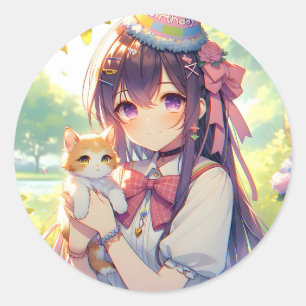  Anime Holding Kitten Meisje Verjaardag Ronde Sticker
