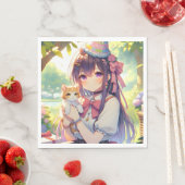 Anime Holding Kitten Meisje Verjaardag Servet (Insitu)