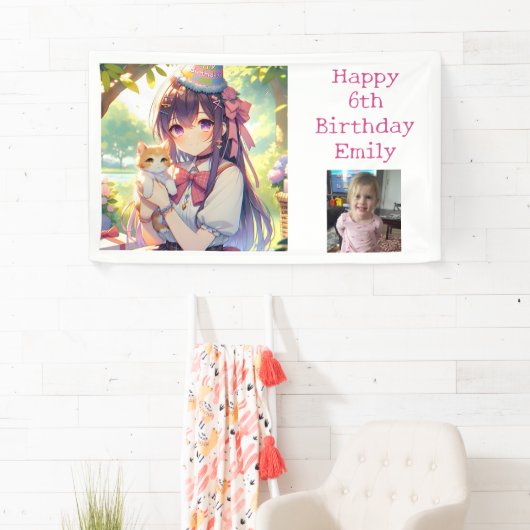  Anime Holding Kitten Meisje Verjaardag Spandoek (Insitu)