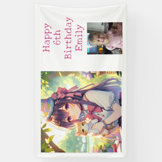  Anime Holding Kitten Meisje Verjaardag Spandoek (Verticaal)