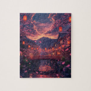 Anime Japanse Stad bij Zonsondergang Puzzel – Kers