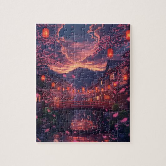 Anime Japanse Stad bij Zonsondergang Puzzel – Kers (Verticaal)