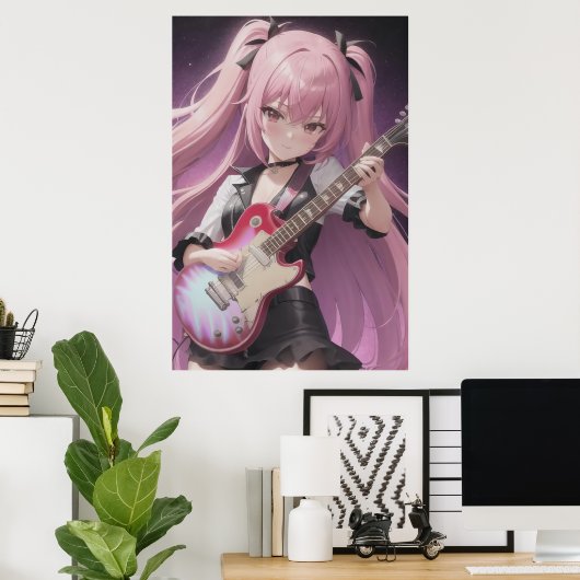 Anime jonge coole dame die gitaar speelt | AI Art. Poster (Thuiskantoor)