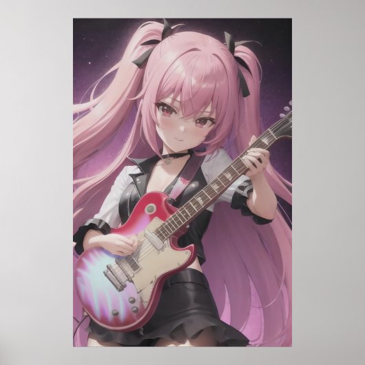 Anime jonge coole dame die gitaar speelt | AI Art. Poster (Voorkant)