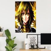 Anime jonge dame gele haar en ogen | AI Art. Poster (Thuiskantoor)