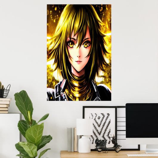 Anime jonge dame gele haar en ogen | AI Art. Poster (Thuiskantoor)