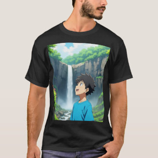 Anime-jongen bewondert waterval in een prachtige n t-shirt