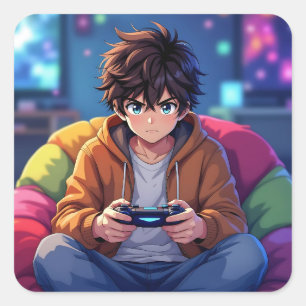 Anime-jongen die videogame speelt vierkante sticker