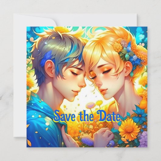 Anime Jongen en Meisje Bloemen Thema Bruiloft Save The Date (Voorkant)