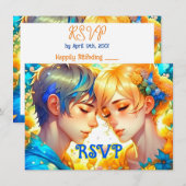 Anime Jongen en Meisje Bloemen Thema RSVP Bruiloft Save The Date (Voorkant / Achterkant)