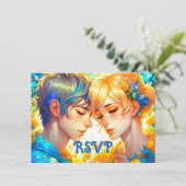 Anime Jongen en Meisje Bloemen Thema RSVP Bruiloft Save The Date (Staand voorkant)