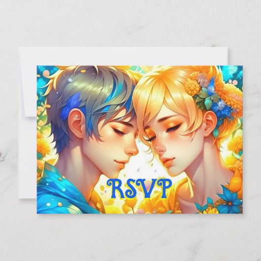 Anime Jongen en Meisje Bloemen Thema RSVP Bruiloft Save The Date (Voorkant)