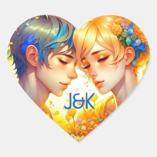 Anime Jongen en Meisje Bloemenkoppel Gepersonalise Hart Sticker